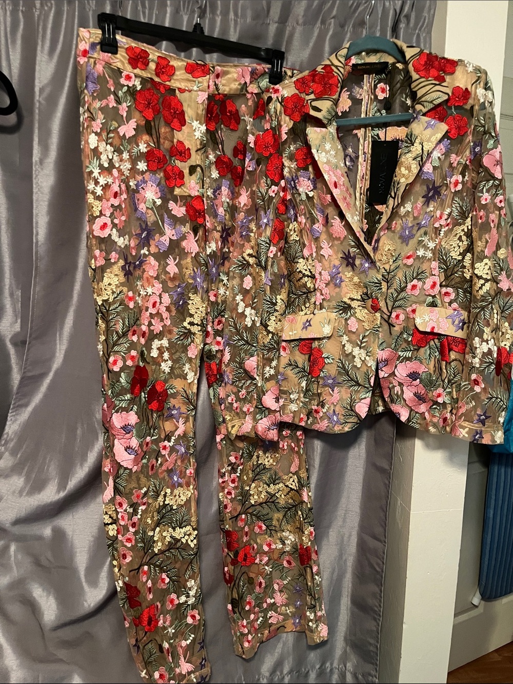 Fashion Nova Luxe Beige Floral Embroidered Pantsuit with Red & Pink Accents